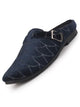 Men Blue Back Open Velvet Ethnic Kurta Shoes Mojaris with Side Adjustable Strap|Festive Shoes Slip On