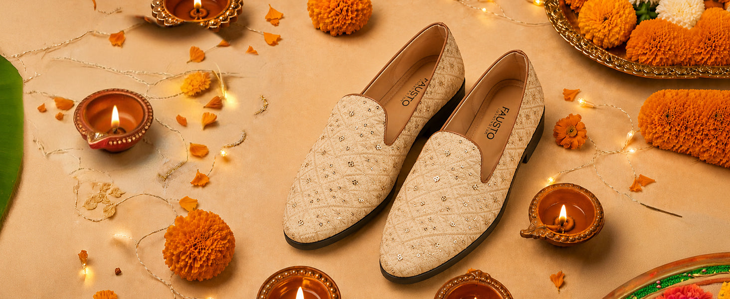 Men Cream Ethnic Velvet Sequin Embroidered Prom Slip On Juttis and Mojaris for Wedding|Party Slip-On|Traditional Kurtas Shoes|Festive Slip On Shoes