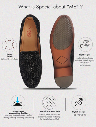 Men Black Ethnic Velvet Sequin Embroidered Slip On Juttis and Mojaris for Wedding|Party Slip-On|Traditional Kurtas Shoes|Prom Slip On Shoes