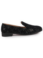 Men Black Ethnic Velvet Sequin Embroidered Slip On Juttis and Mojaris for Wedding|Party Slip-On|Traditional Kurtas Shoes|Prom Slip On Shoes
