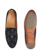 Men Blue Ethnic Velvet Sequin Embroidered Prom Slip On Juttis and Mojaris for Wedding|Party Slip-On|Traditional Kurtas Shoes|Festive Slip On Shoes