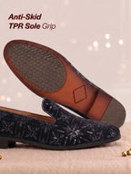 men blue ethnic velvet sequin embroidered prom slip on juttis and mojaris for wedding|party slip-on|traditional kurtas shoes|festive slip on shoes