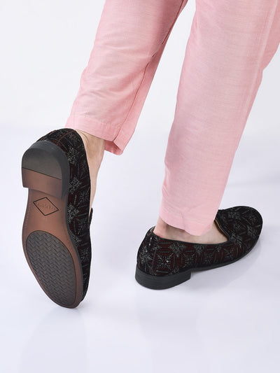 men cherry ethnic velvet sequin embroidered prom slip on juttis and mojaris for wedding|party slip-on|traditional kurtas shoes|festive slip on shoes