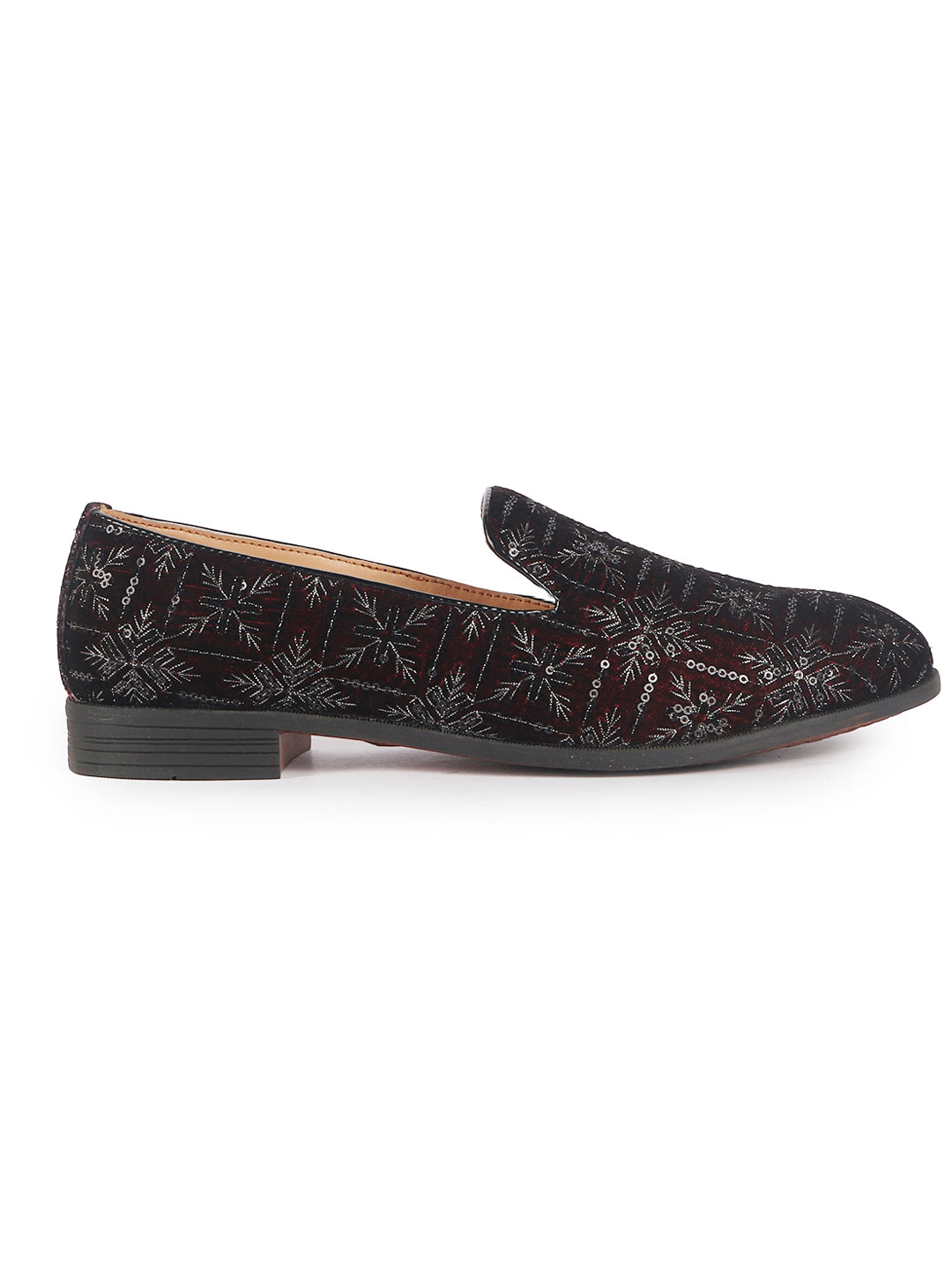 Men Cherry Ethnic Velvet Sequin Embroidered Prom Slip On Juttis and Mojaris for Wedding|Party Slip-On|Traditional Kurtas Shoes|Festive Slip On Shoes