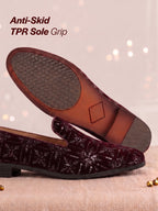 men cherry ethnic velvet sequin embroidered prom slip on juttis and mojaris for wedding|party slip-on|traditional kurtas shoes|festive slip on shoes