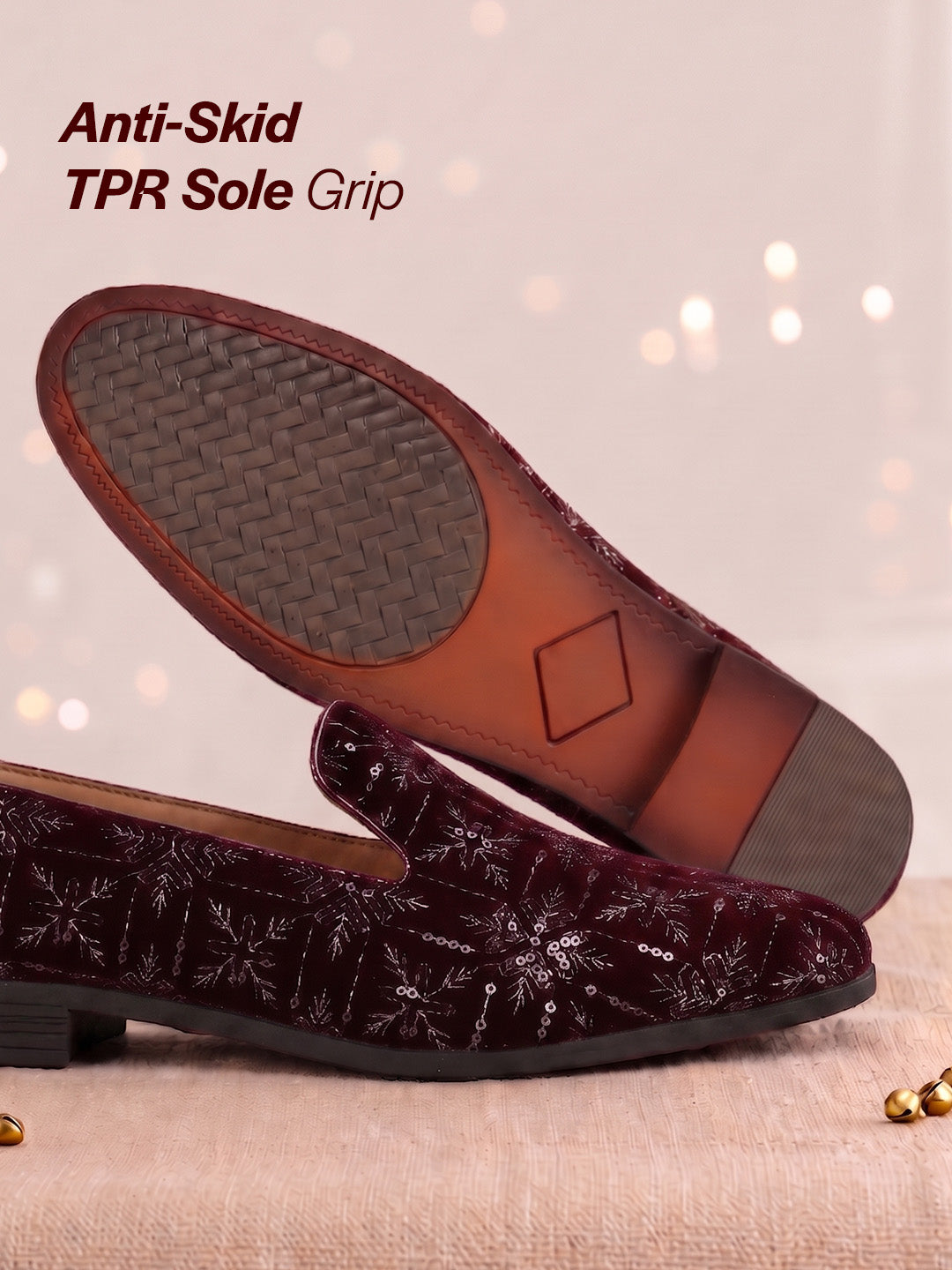 men cherry ethnic velvet sequin embroidered prom slip on juttis and mojaris for wedding|party slip-on|traditional kurtas shoes|festive slip on shoes