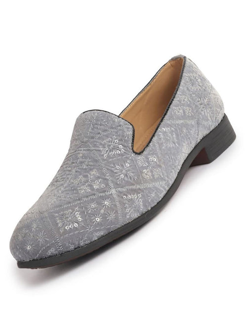 men grey ethnic velvet sequin embroidered prom slip on juttis and mojaris for wedding|party slip-on|traditional kurtas shoes|festive slip on shoes