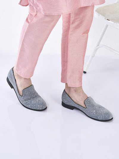 men grey ethnic velvet sequin embroidered prom slip on juttis and mojaris for wedding|party slip-on|traditional kurtas shoes|festive slip on shoes