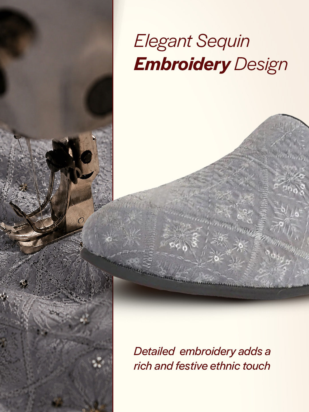 men grey ethnic velvet sequin embroidered prom slip on juttis and mojaris for wedding|party slip-on|traditional kurtas shoes|festive slip on shoes