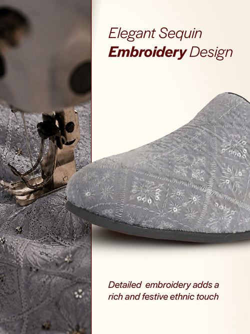 men grey ethnic velvet sequin embroidered prom slip on juttis and mojaris for wedding|party slip-on|traditional kurtas shoes|festive slip on shoes