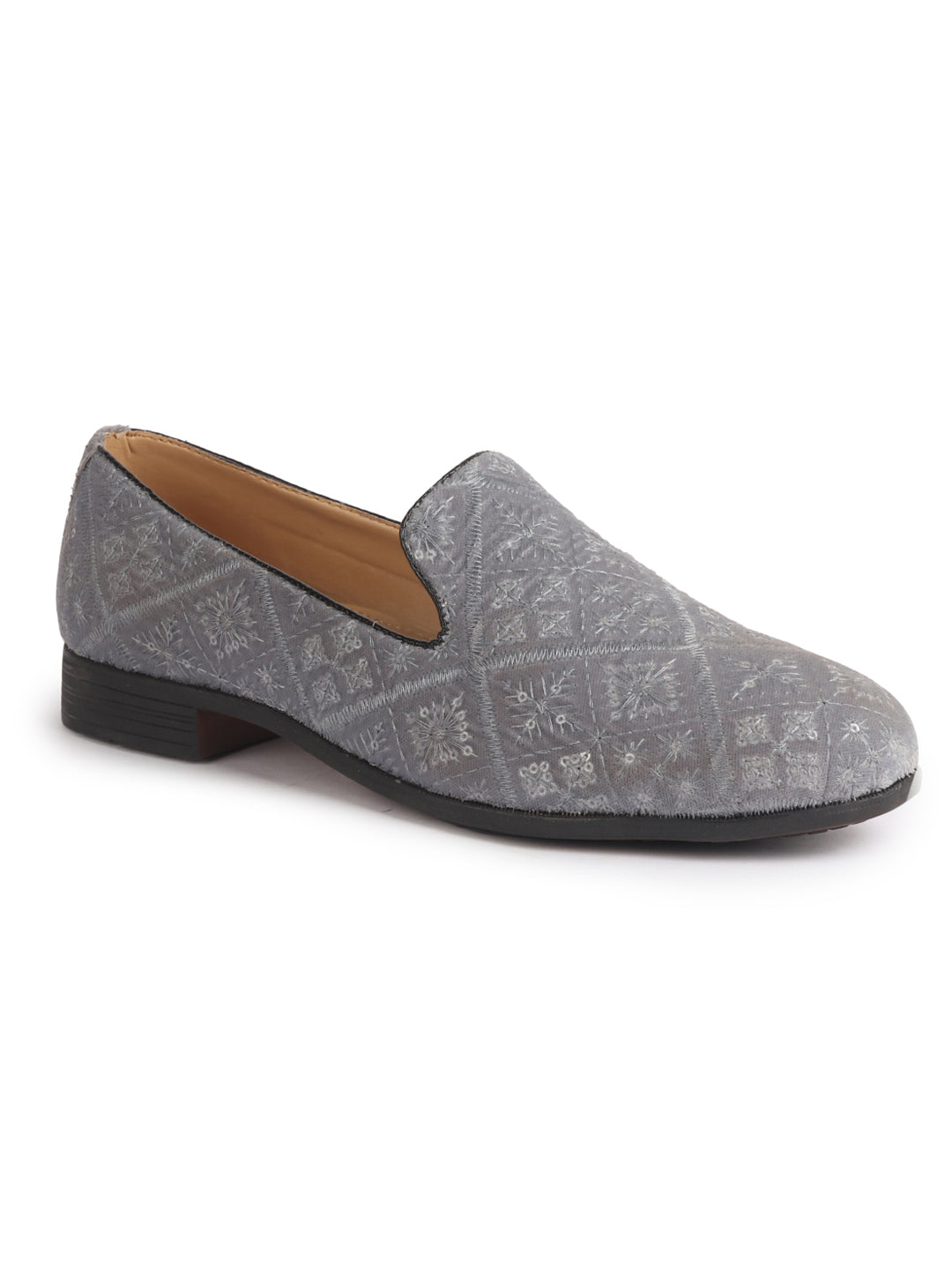 Men Grey Ethnic Velvet Sequin Embroidered Prom Slip On Juttis and Mojaris for Wedding|Party Slip-On|Traditional Kurtas Shoes|Festive Slip On Shoes