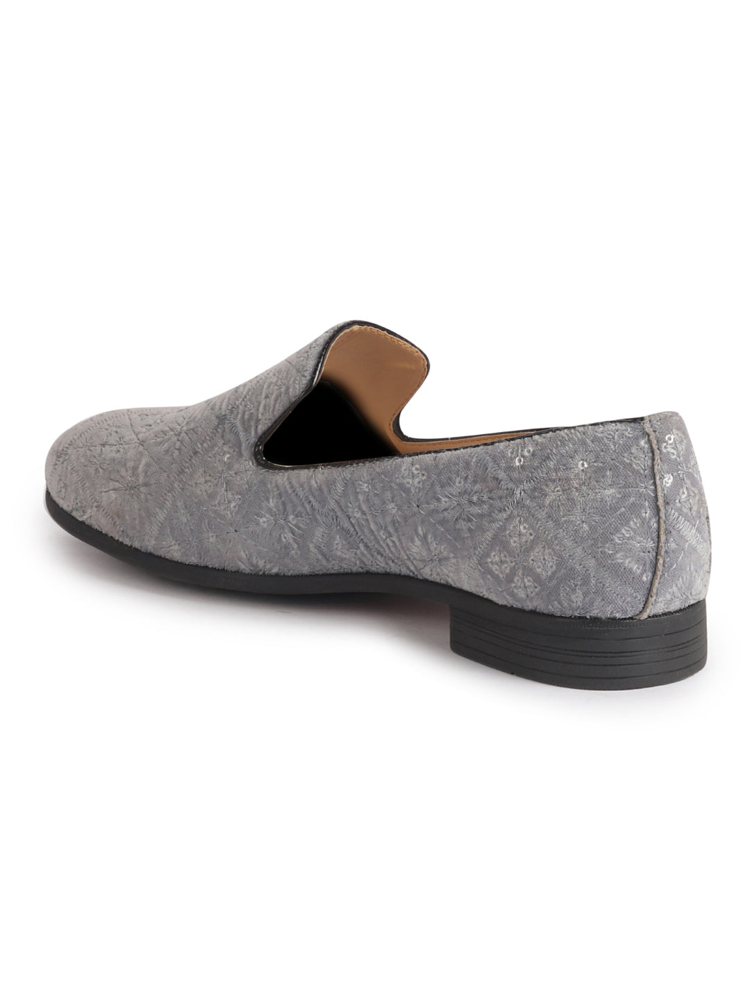 Men Grey Ethnic Velvet Sequin Embroidered Prom Slip On Juttis and Mojaris for Wedding|Party Slip-On|Traditional Kurtas Shoes|Festive Slip On Shoes