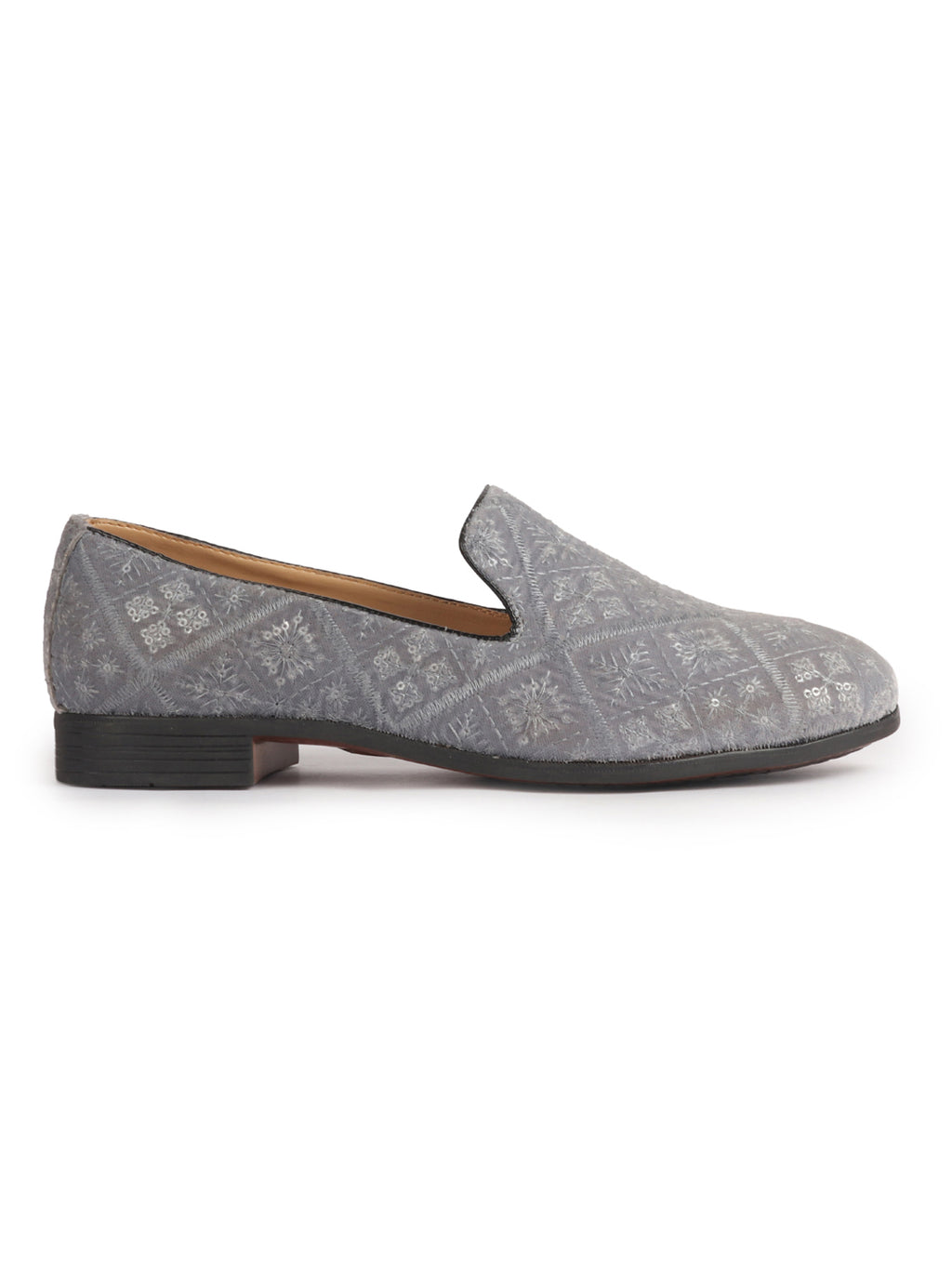 Men Grey Ethnic Velvet Sequin Embroidered Prom Slip On Juttis and Mojaris for Wedding|Party Slip-On|Traditional Kurtas Shoes|Festive Slip On Shoes