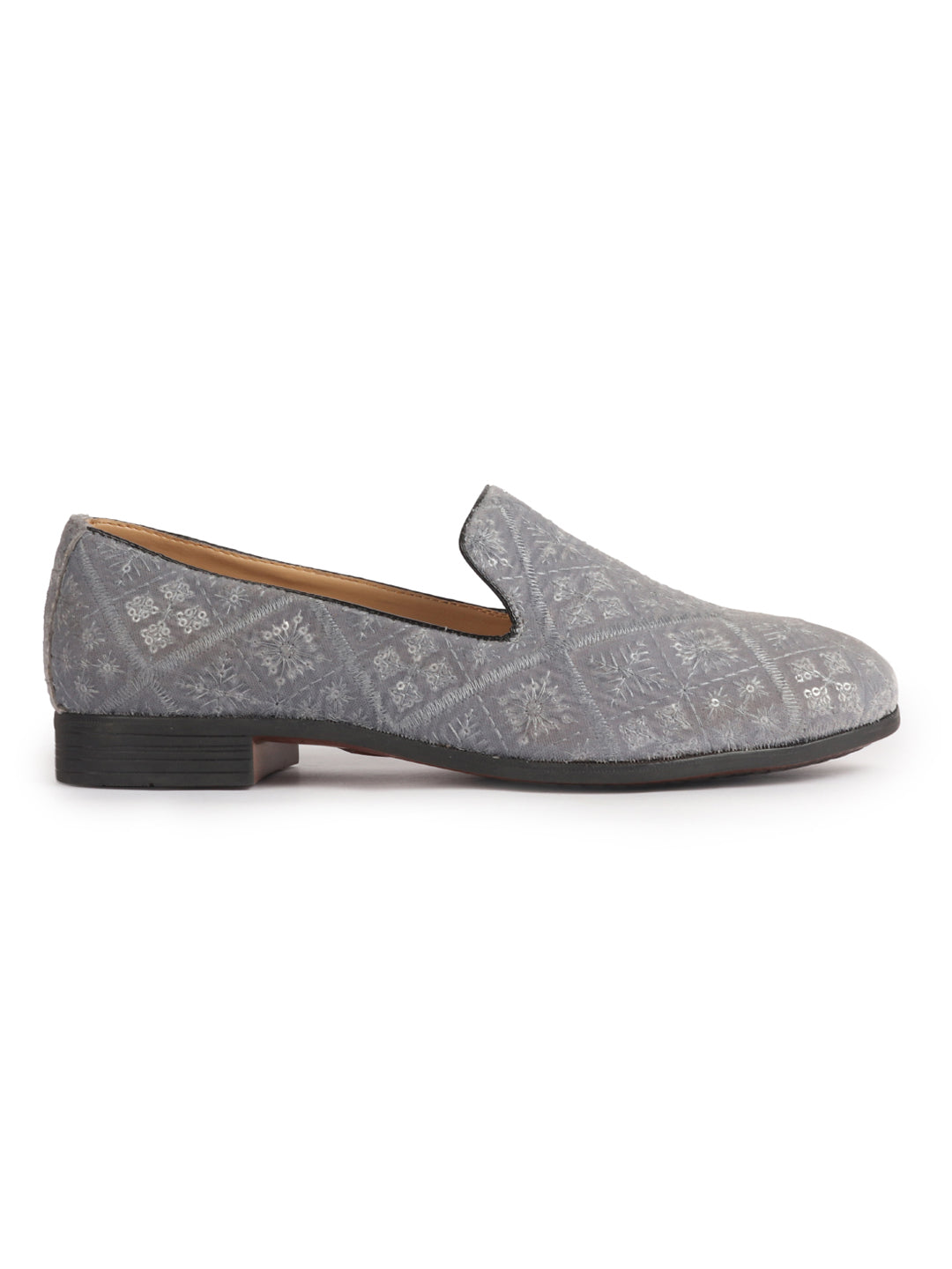Men Grey Ethnic Velvet Sequin Embroidered Prom Slip On Juttis and Mojaris for Wedding|Party Slip-On|Traditional Kurtas Shoes|Festive Slip On Shoes