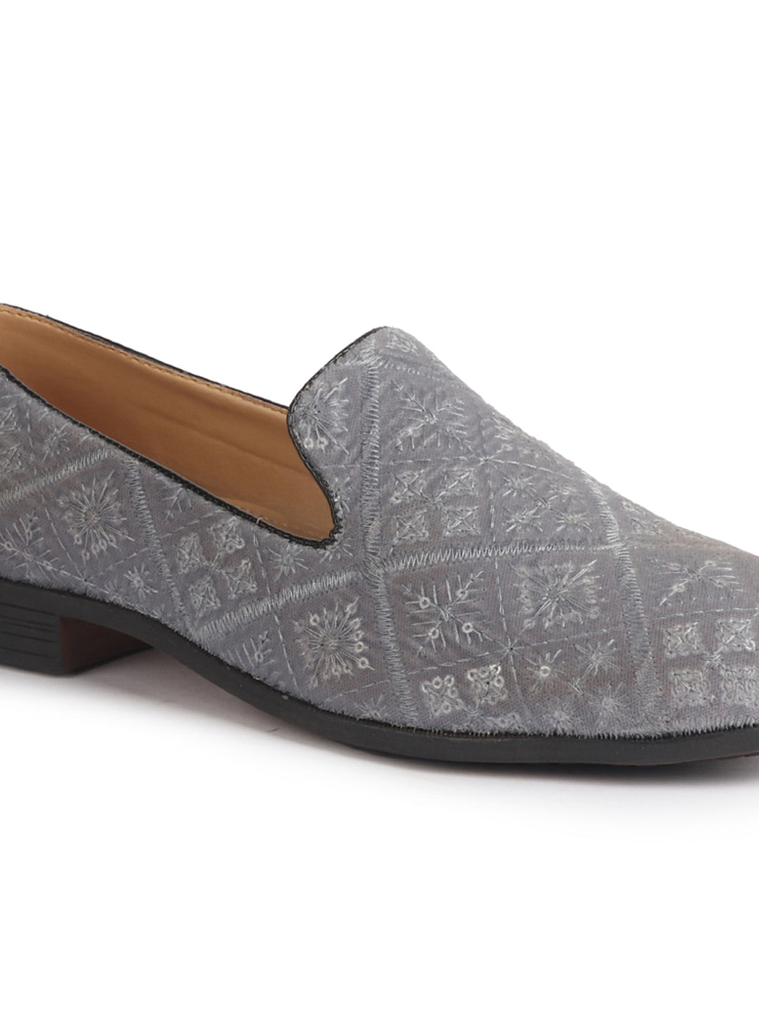 Men Grey Ethnic Velvet Sequin Embroidered Prom Slip On Juttis and Mojaris for Wedding|Party Slip-On|Traditional Kurtas Shoes|Festive Slip On Shoes