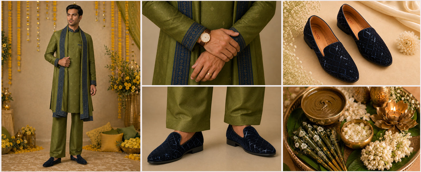 Men Blue Ethnic Velvet Sequin Embroidered Round Toe Juttis and Mojaris for Wedding|Festive Slip-On For Kurtas|Traditional Sherwani Shoes|Prom Slip On Shoes