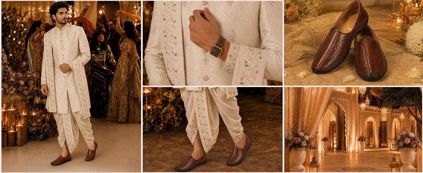 Men Brown Perforated Side Stitched Ethnic Round Toe Juttis and Mojaris for Wedding|Flexible Anti Skid Sole|Pathani Kurta Slip On Shoes