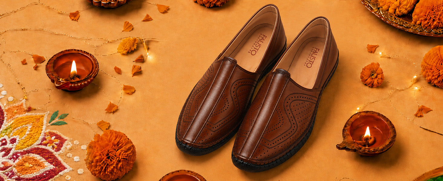Men Brown Perforated Side Stitched Ethnic Round Toe Juttis and Mojaris for Wedding|Flexible Anti Skid Sole|Pathani Kurta Slip On Shoes