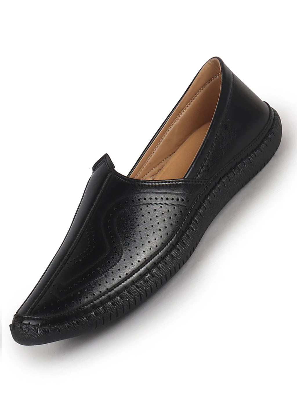Men Black Perforated Side Stitched Ethnic Round Toe Juttis and Mojaris for Wedding|Flexible Anti Skid Sole|Pathani Kurta Slip On Shoes