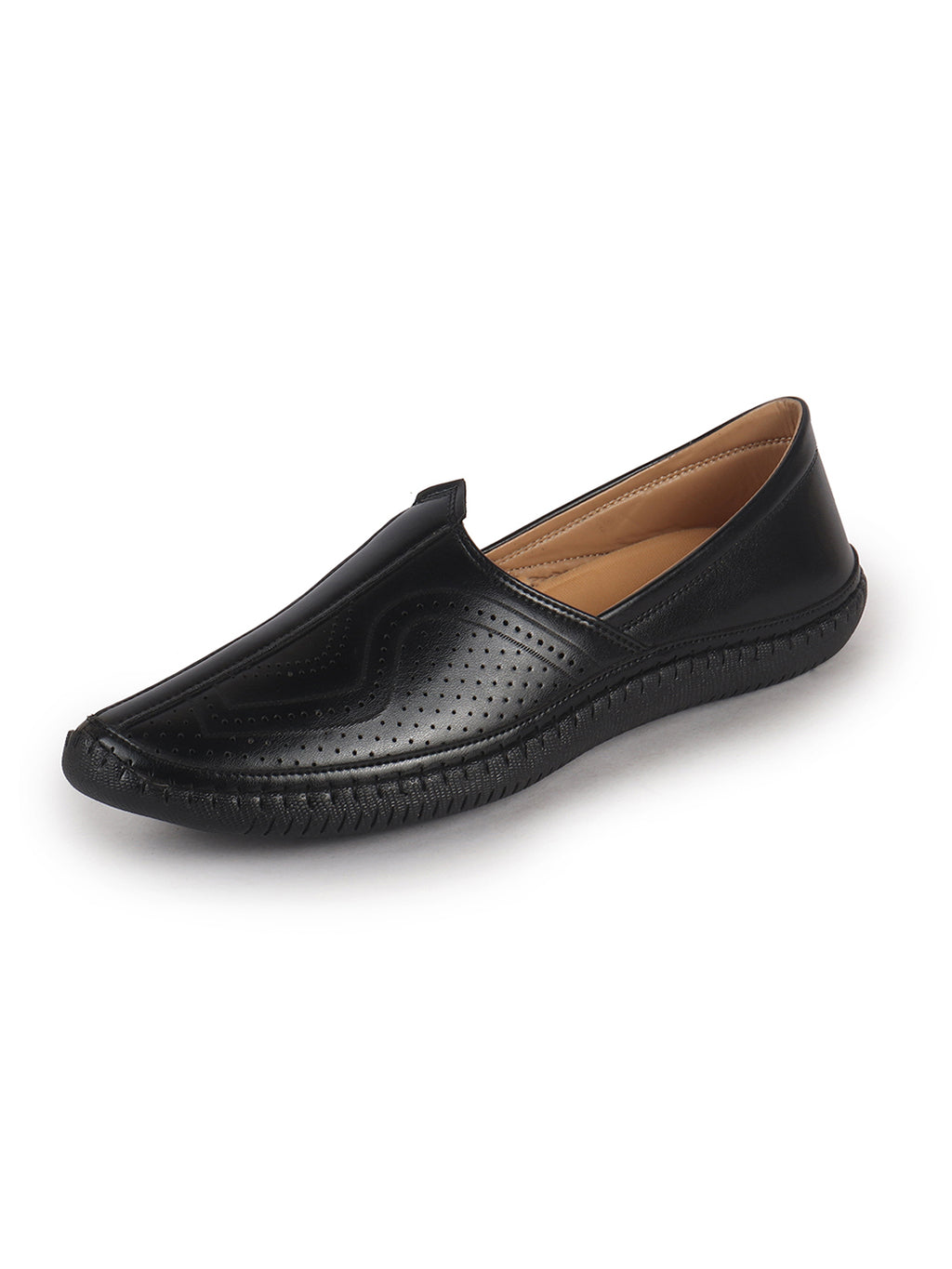 Men Black Perforated Side Stitched Ethnic Round Toe Juttis and Mojaris for Wedding|Flexible Anti Skid Sole|Pathani Kurta Slip On Shoes