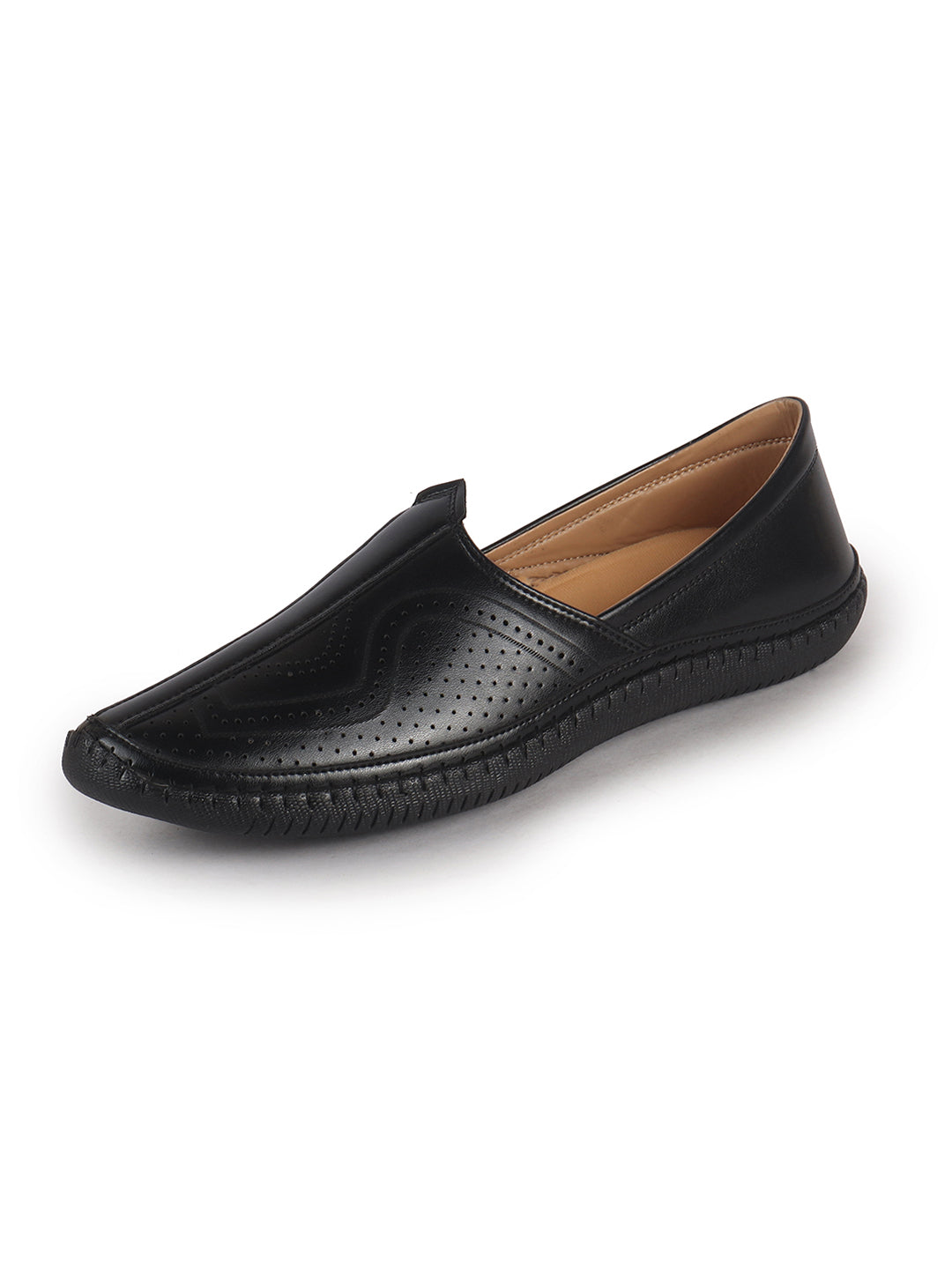 Men Black Perforated Side Stitched Ethnic Round Toe Juttis and Mojaris for Wedding|Flexible Anti Skid Sole|Pathani Kurta Slip On Shoes