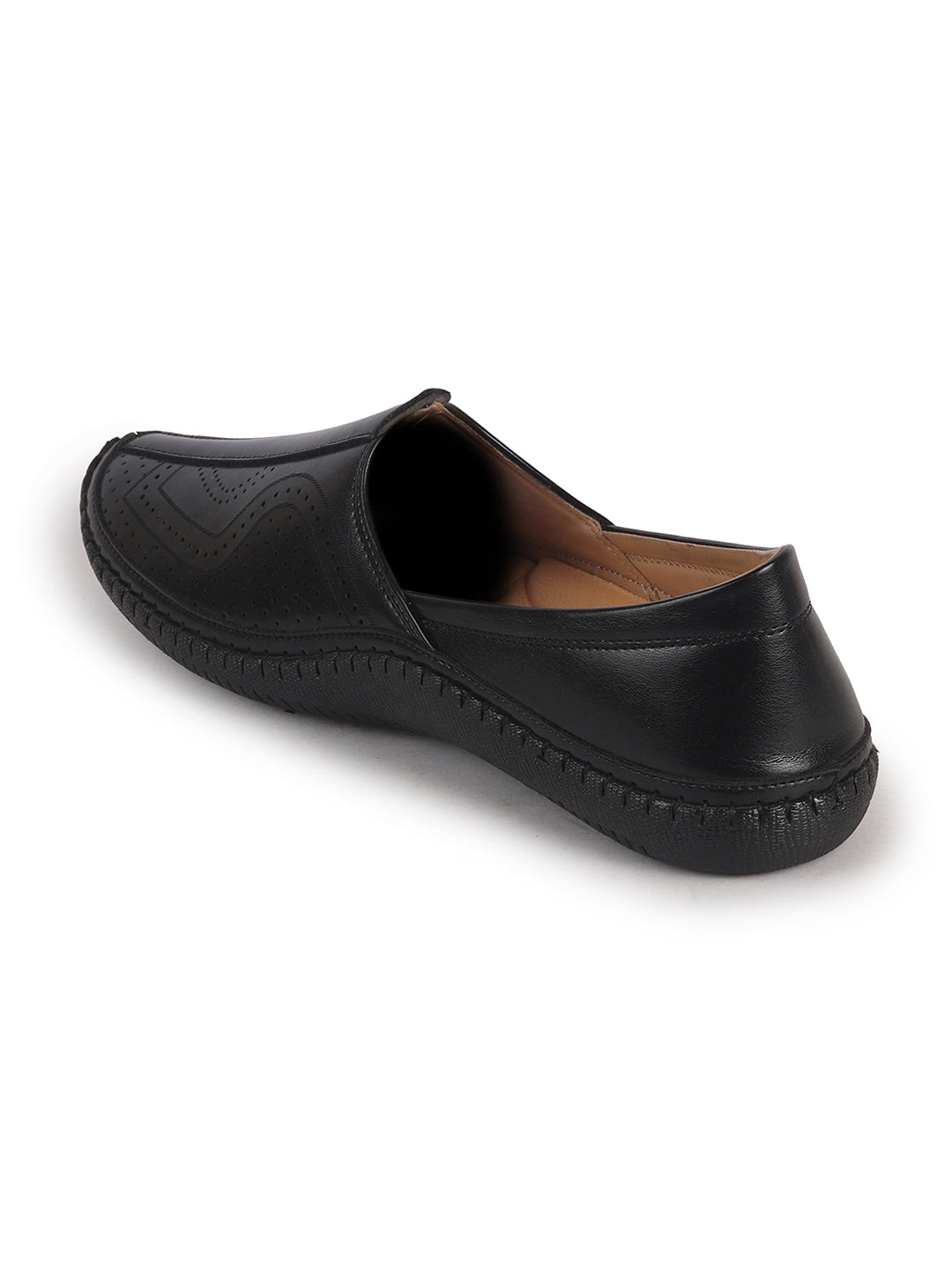 Men Black Perforated Side Stitched Ethnic Round Toe Juttis and Mojaris for Wedding|Flexible Anti Skid Sole|Pathani Kurta Slip On Shoes