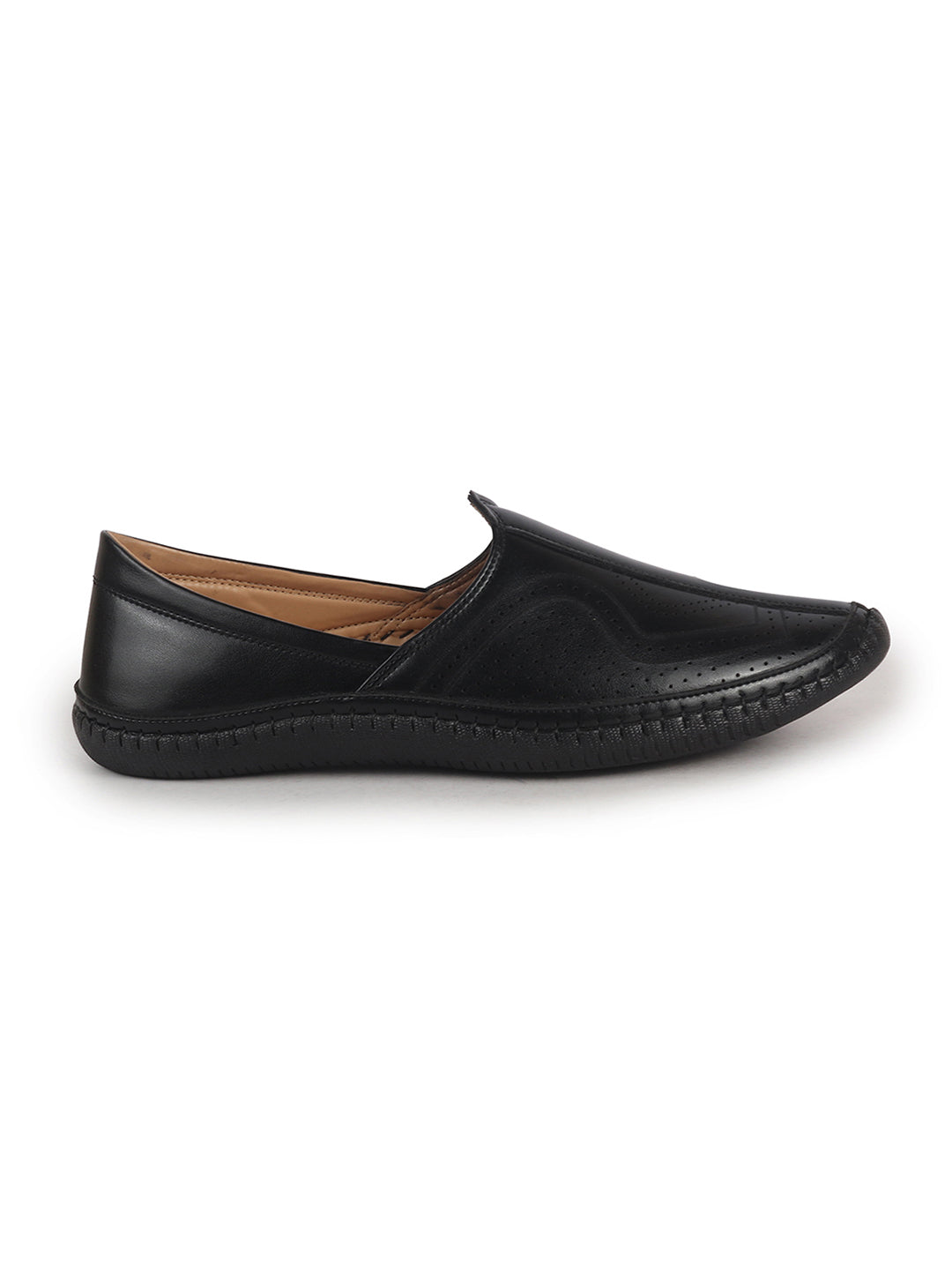 Men Black Perforated Side Stitched Ethnic Round Toe Juttis and Mojaris for Wedding|Flexible Anti Skid Sole|Pathani Kurta Slip On Shoes