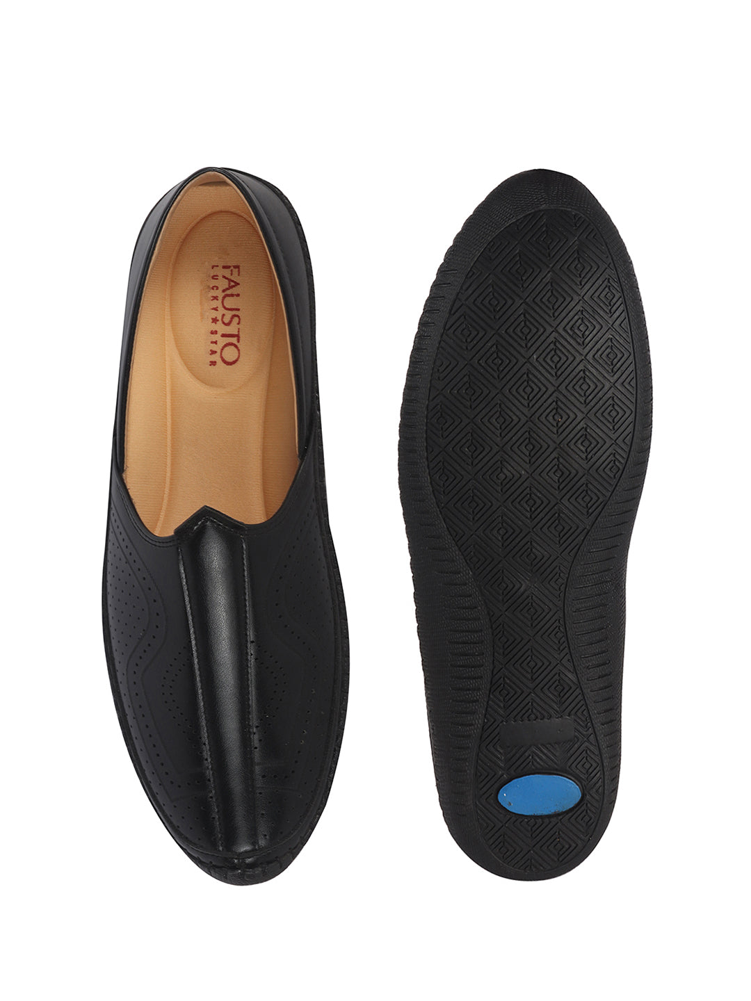 Men Black Perforated Side Stitched Ethnic Round Toe Juttis and Mojaris for Wedding|Flexible Anti Skid Sole|Pathani Kurta Slip On Shoes