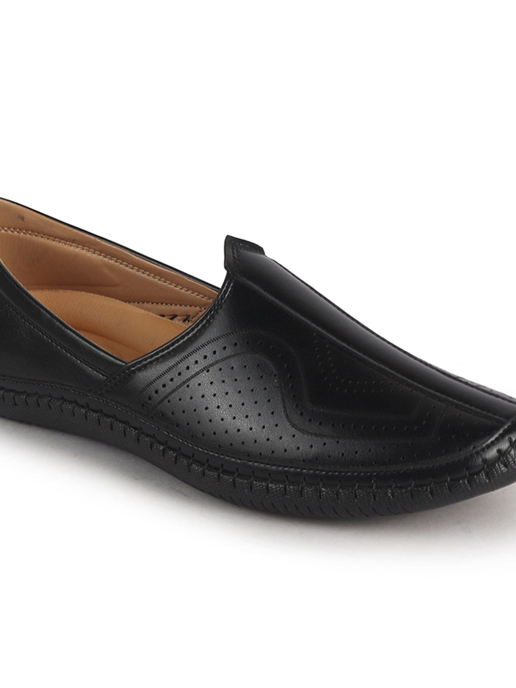 Men Black Perforated Side Stitched Ethnic Round Toe Juttis and Mojaris for Wedding|Flexible Anti Skid Sole|Pathani Kurta Slip On Shoes