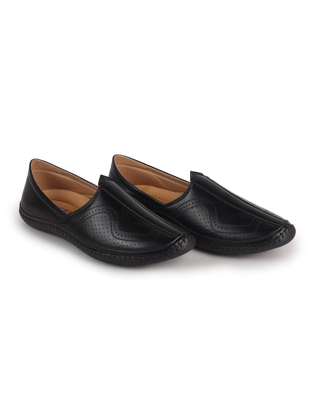 Men Black Perforated Side Stitched Ethnic Round Toe Juttis and Mojaris for Wedding|Flexible Anti Skid Sole|Pathani Kurta Slip On Shoes