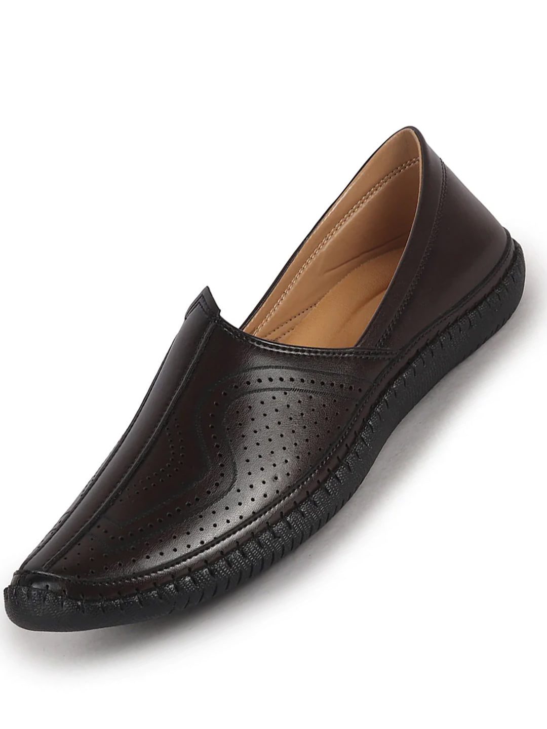 Men Brown Perforated Side Stitched Ethnic Round Toe Juttis and Mojaris for Wedding|Flexible Anti Skid Sole|Pathani Kurta Slip On Shoes