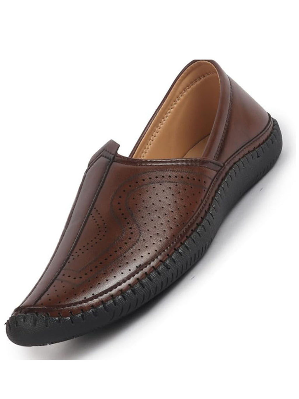 men brown perforated side stitched ethnic round toe juttis and mojaris for wedding|flexible anti skid sole|pathani kurta slip on shoes