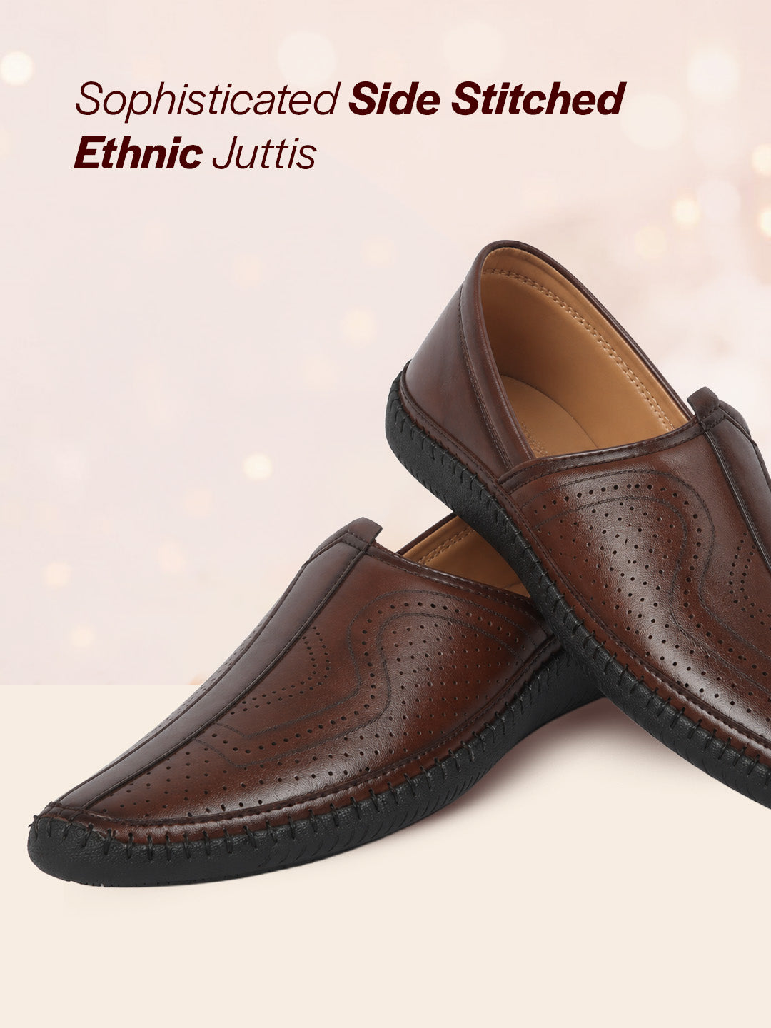 men brown perforated side stitched ethnic round toe juttis and mojaris for wedding|flexible anti skid sole|pathani kurta slip on shoes