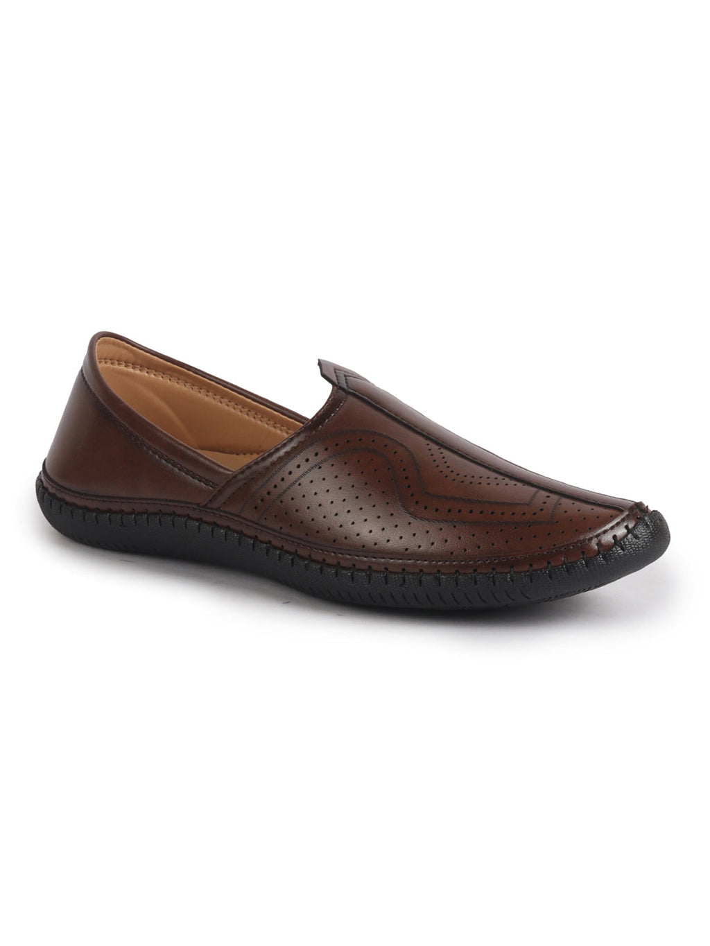 men brown perforated side stitched ethnic round toe juttis and mojaris for wedding|flexible anti skid sole|pathani kurta slip on shoes