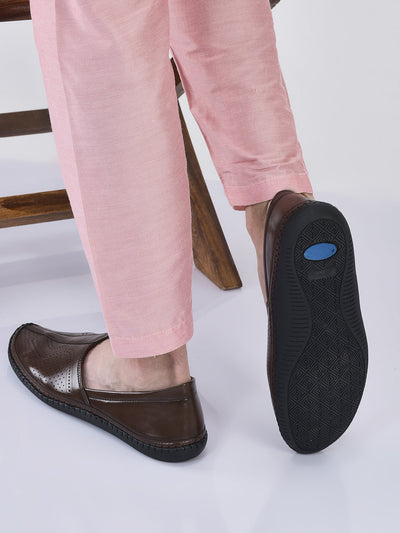 men brown perforated side stitched ethnic round toe juttis and mojaris for wedding|flexible anti skid sole|pathani kurta slip on shoes