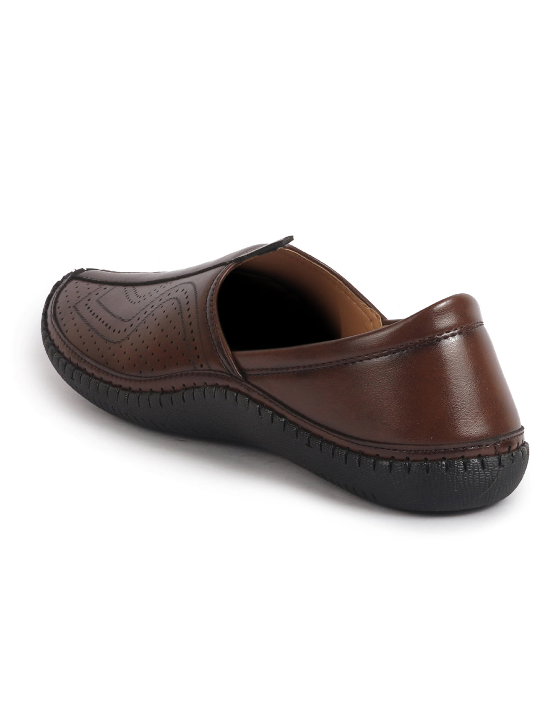 men brown perforated side stitched ethnic round toe juttis and mojaris for wedding|flexible anti skid sole|pathani kurta slip on shoes