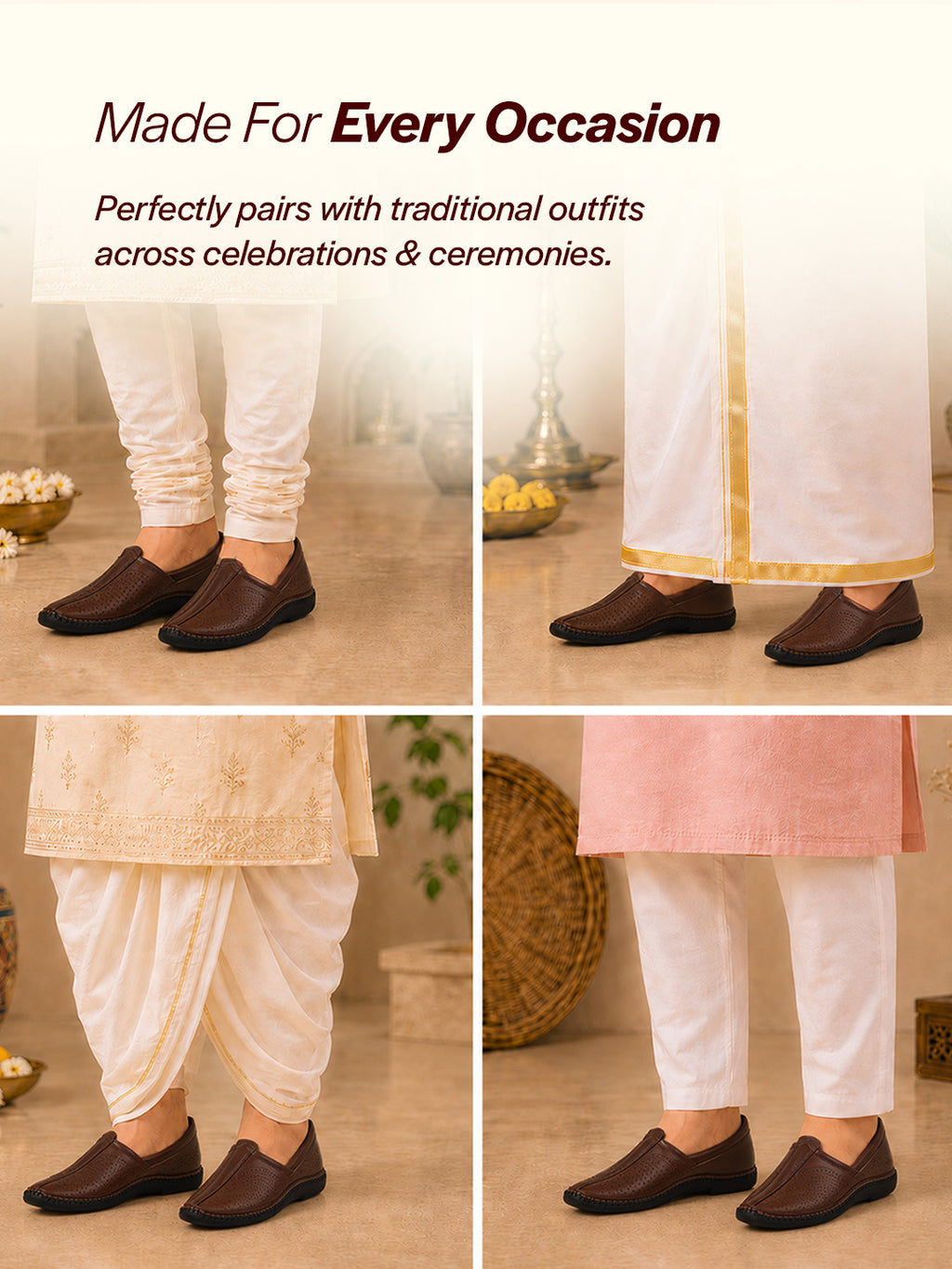 men brown perforated side stitched ethnic round toe juttis and mojaris for wedding|flexible anti skid sole|pathani kurta slip on shoes