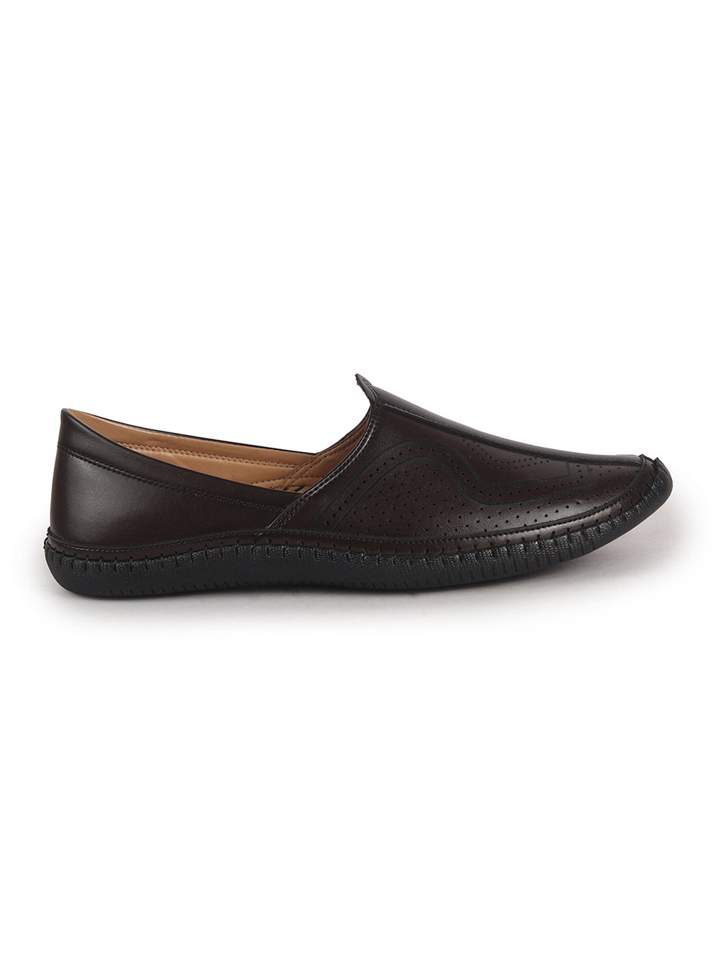 Men Brown Perforated Side Stitched Ethnic Round Toe Juttis and Mojaris for Wedding|Flexible Anti Skid Sole|Pathani Kurta Slip On Shoes