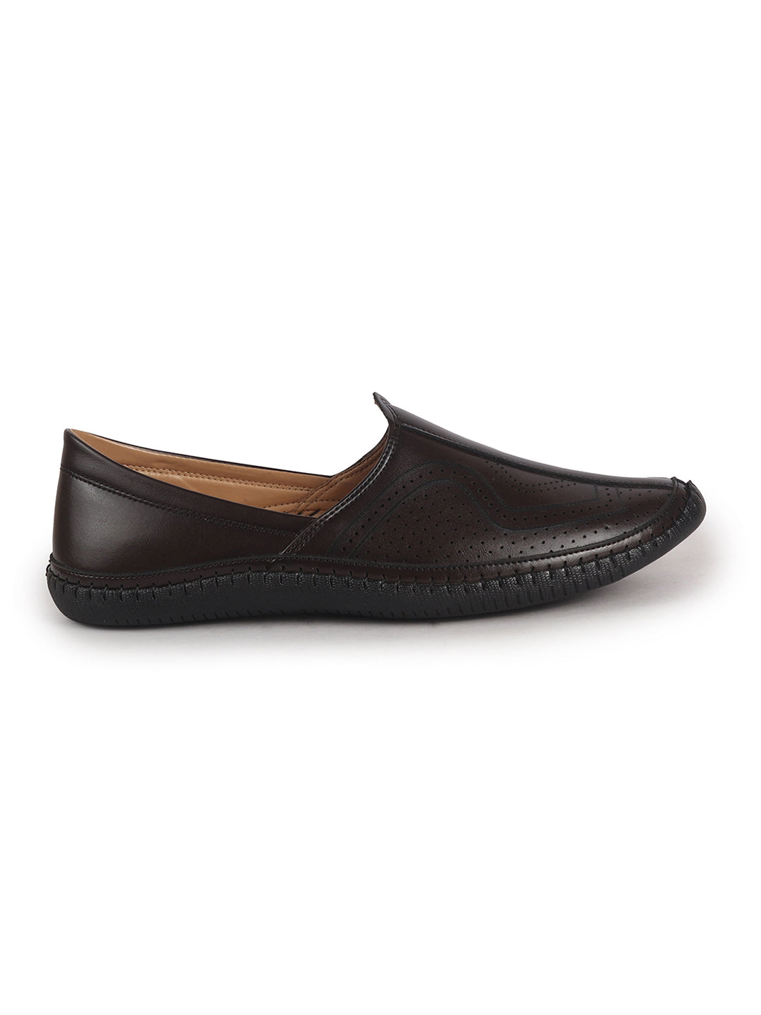 Men Brown Perforated Side Stitched Ethnic Round Toe Juttis and Mojaris for Wedding|Flexible Anti Skid Sole|Pathani Kurta Slip On Shoes