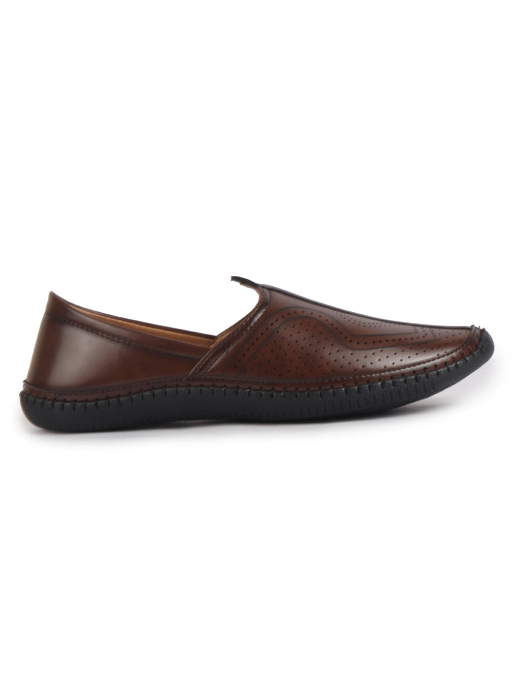 men brown perforated side stitched ethnic round toe juttis and mojaris for wedding|flexible anti skid sole|pathani kurta slip on shoes