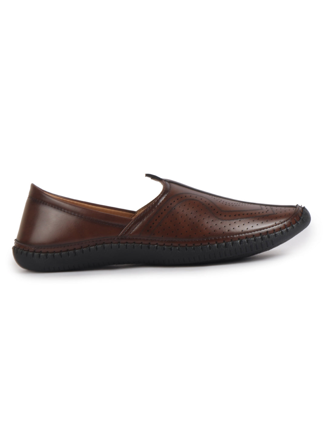 men brown perforated side stitched ethnic round toe juttis and mojaris for wedding|flexible anti skid sole|pathani kurta slip on shoes