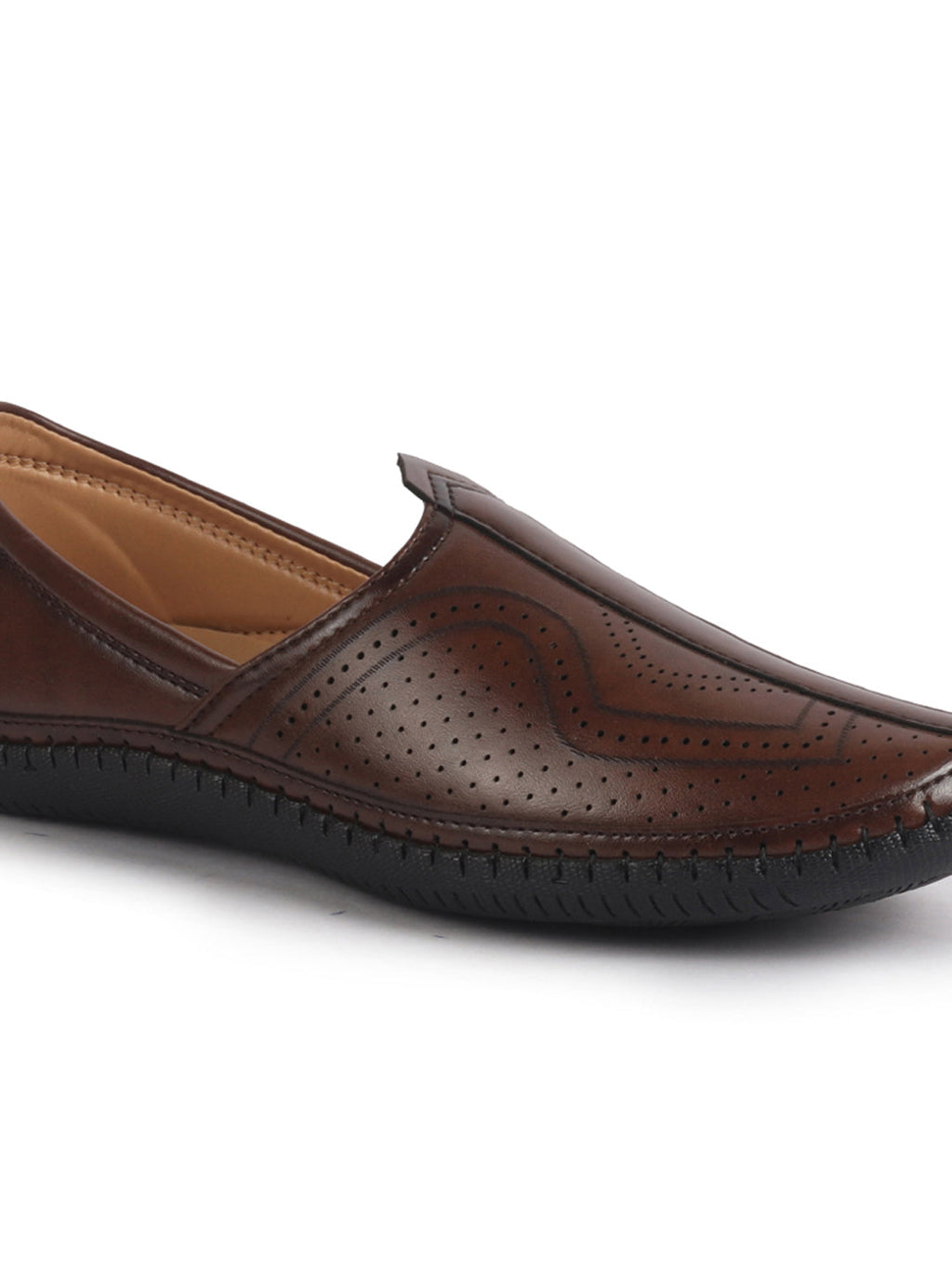 men brown perforated side stitched ethnic round toe juttis and mojaris for wedding|flexible anti skid sole|pathani kurta slip on shoes