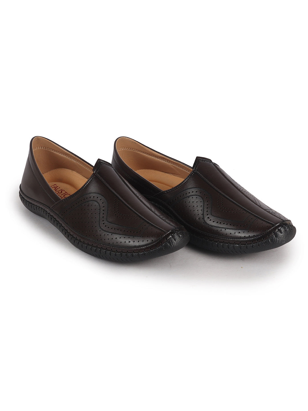 Men Brown Perforated Side Stitched Ethnic Round Toe Juttis and Mojaris for Wedding|Flexible Anti Skid Sole|Pathani Kurta Slip On Shoes