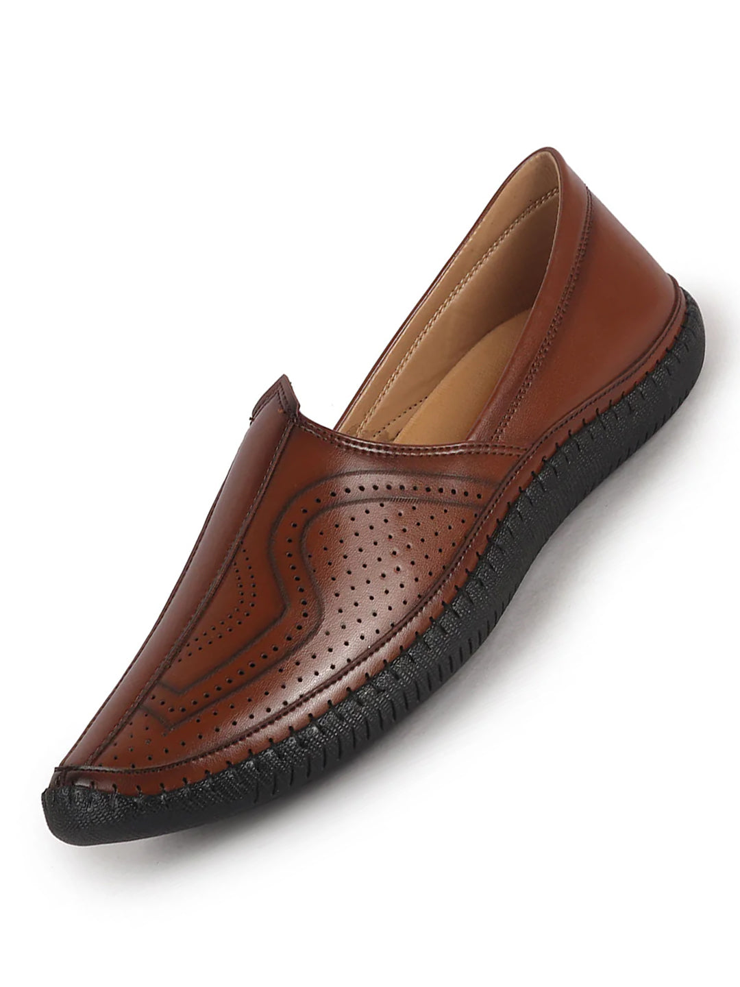 Men Tan Perforated Side Stitched Ethnic Round Toe Juttis and Mojaris for Wedding|Flexible Anti Skid Sole|Pathani Kurta Slip On Shoes