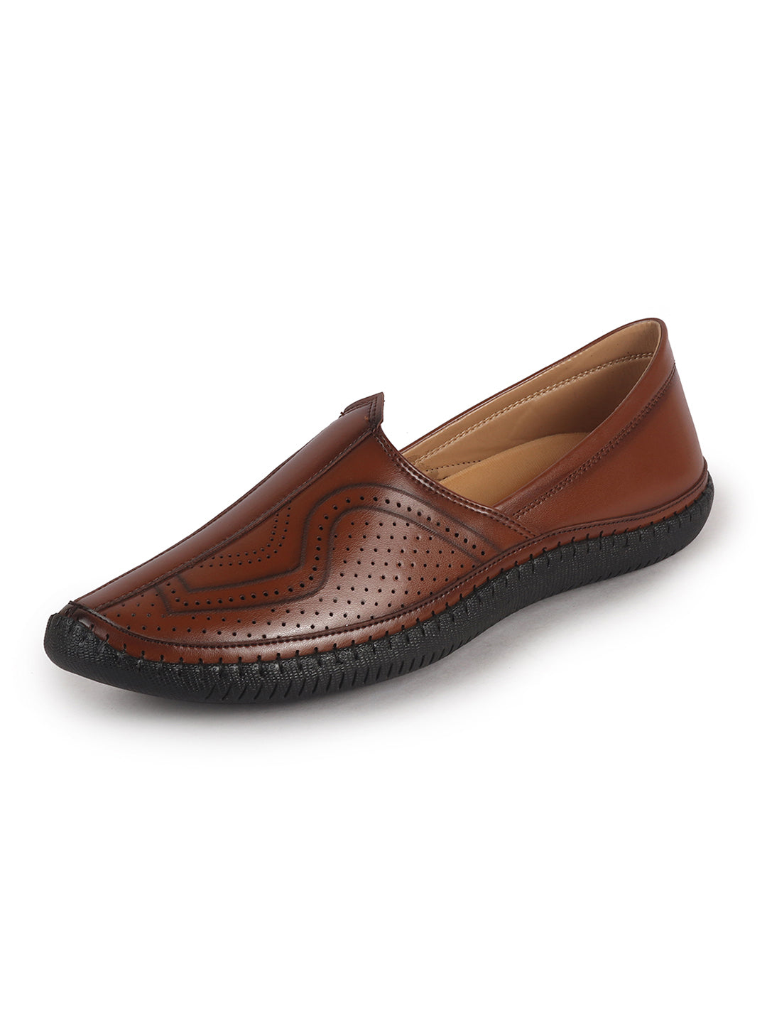 Men Tan Perforated Side Stitched Ethnic Round Toe Juttis and Mojaris for Wedding|Flexible Anti Skid Sole|Pathani Kurta Slip On Shoes