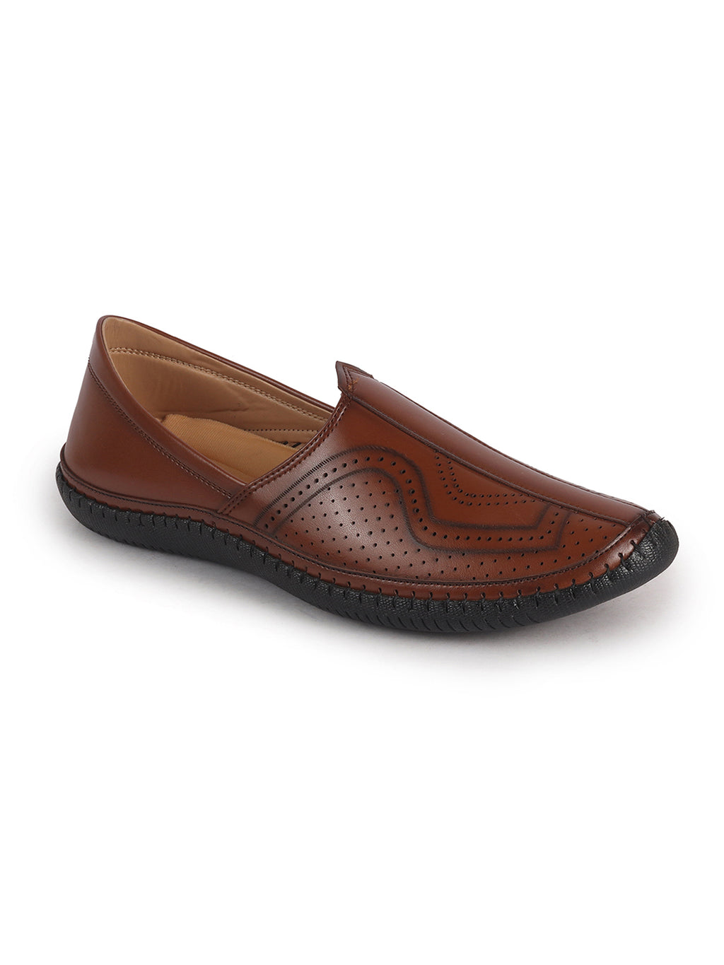 Men Tan Perforated Side Stitched Ethnic Round Toe Juttis and Mojaris for Wedding|Flexible Anti Skid Sole|Pathani Kurta Slip On Shoes