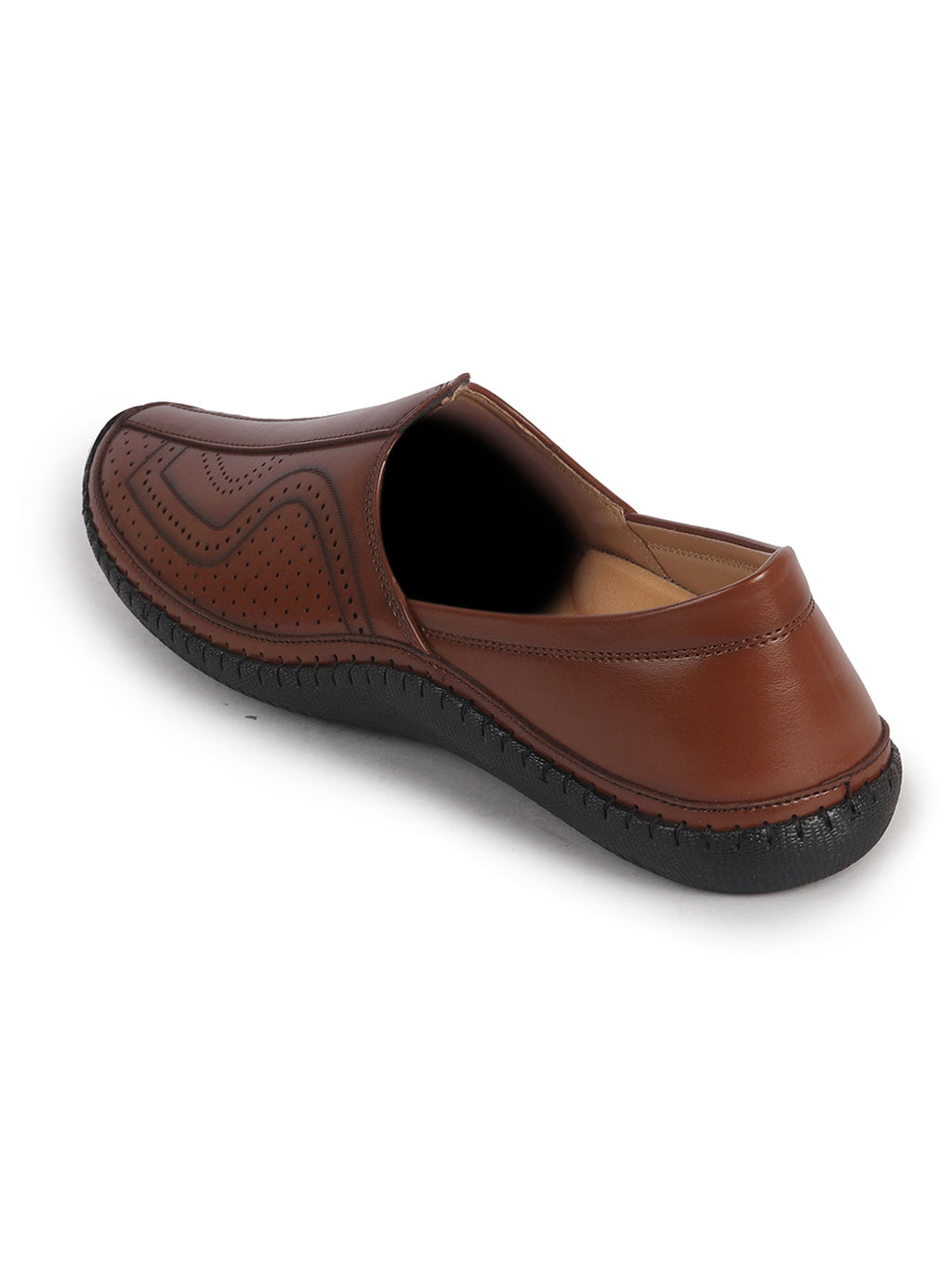 Men Tan Perforated Side Stitched Ethnic Round Toe Juttis and Mojaris for Wedding|Flexible Anti Skid Sole|Pathani Kurta Slip On Shoes