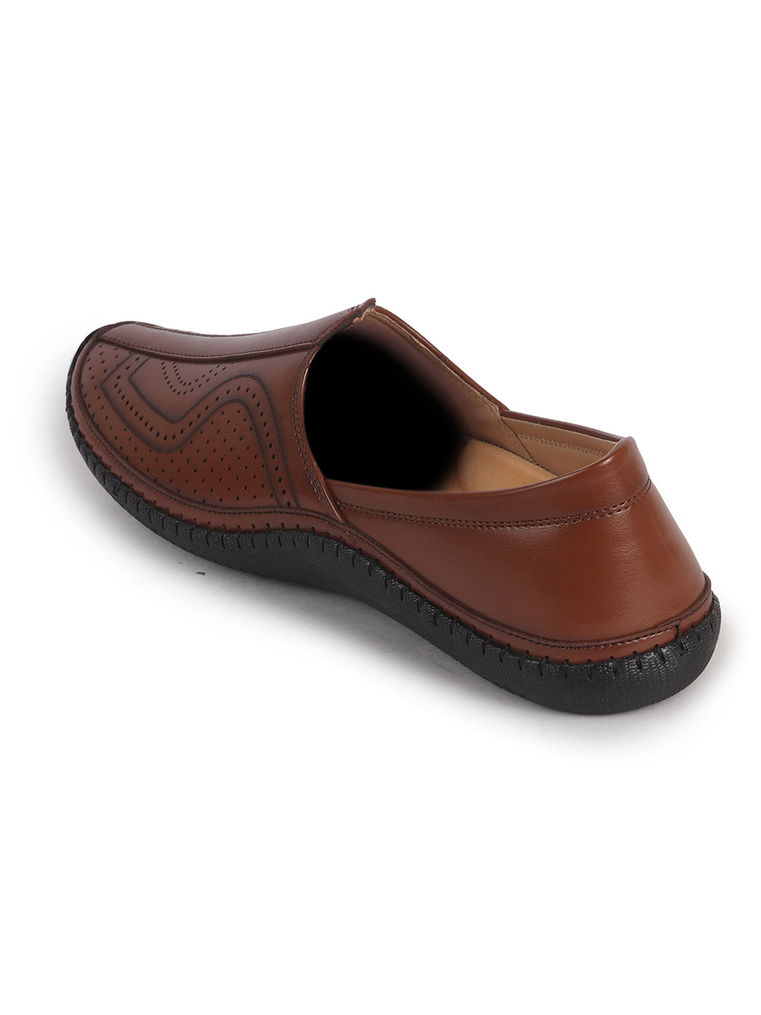 Men Tan Perforated Side Stitched Ethnic Round Toe Juttis and Mojaris for Wedding|Flexible Anti Skid Sole|Pathani Kurta Slip On Shoes