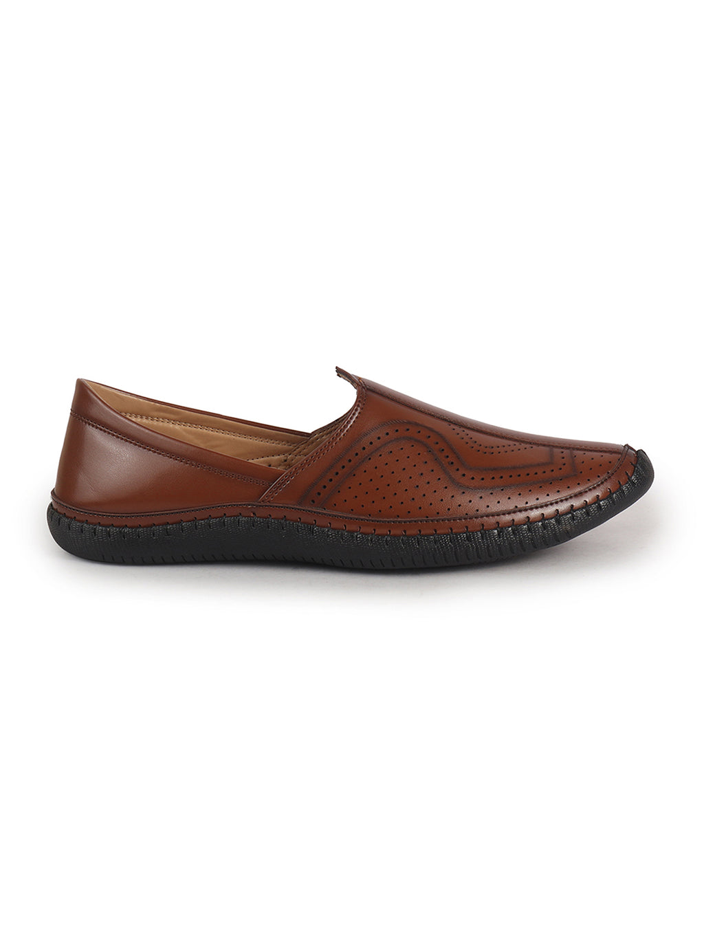 Men Tan Perforated Side Stitched Ethnic Round Toe Juttis and Mojaris for Wedding|Flexible Anti Skid Sole|Pathani Kurta Slip On Shoes