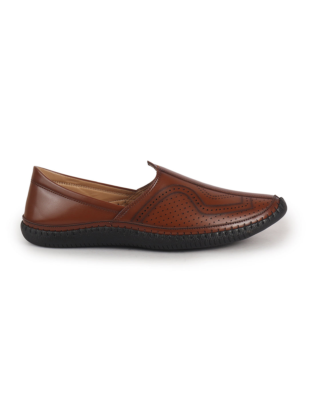 Men Tan Perforated Side Stitched Ethnic Round Toe Juttis and Mojaris for Wedding|Flexible Anti Skid Sole|Pathani Kurta Slip On Shoes